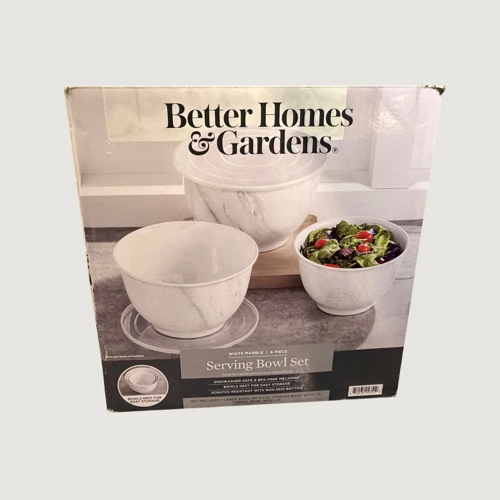 Better Homes & Gardens White Marble 6 Piece Melamine Serving Bowl Set with Lids